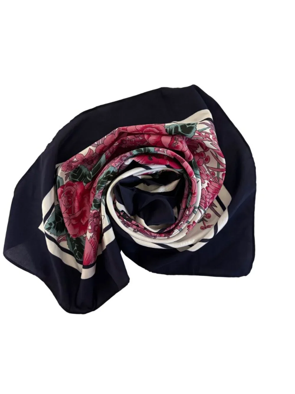 Overseas Advantage Polyester Square Scarf Silky Pink Green Floral Navy Vintage